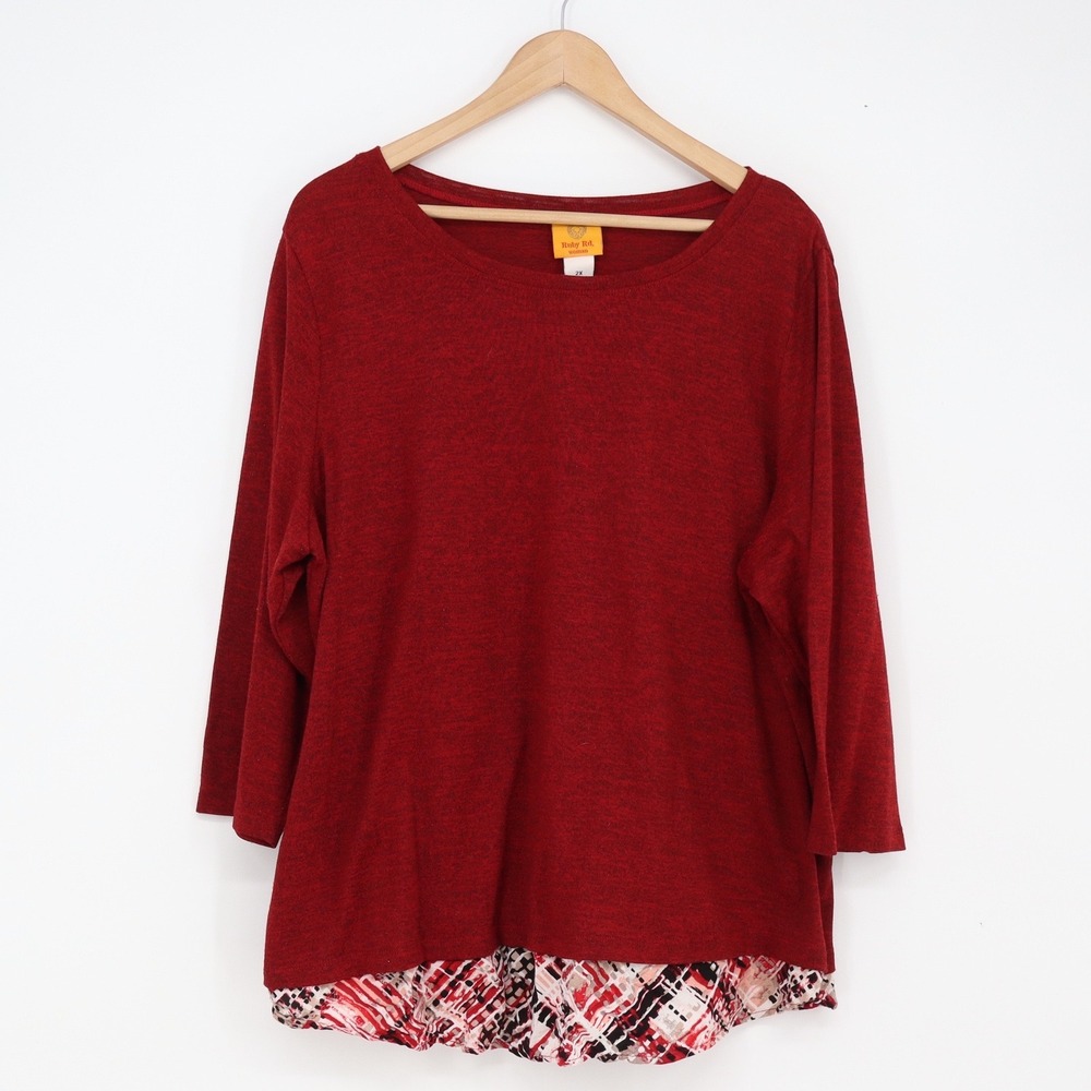 Ruby Rd. Top Womens 2X Layered Hem Burgundy Marled 3/4 Sleeve Knit Excellent